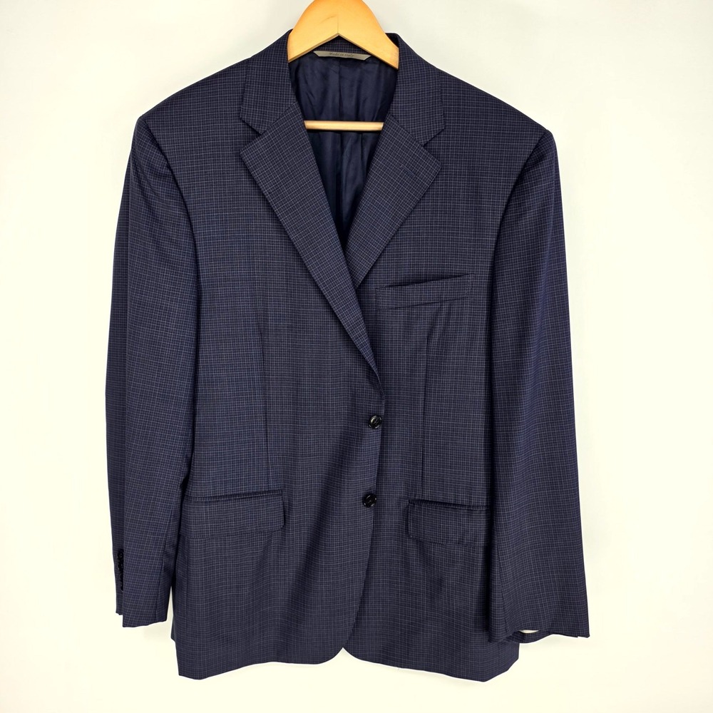 Canali Suit Jacket Mens 44R Navy Blue Micro Check Wool Blazer Made in Italy 44R